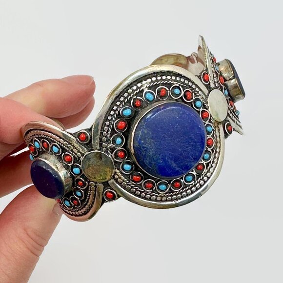 Vintage Middle Eastern Cuff Lapis Afghan Bracelet Silver Turquoise Red Wide Cuff - Picture 5 of 5